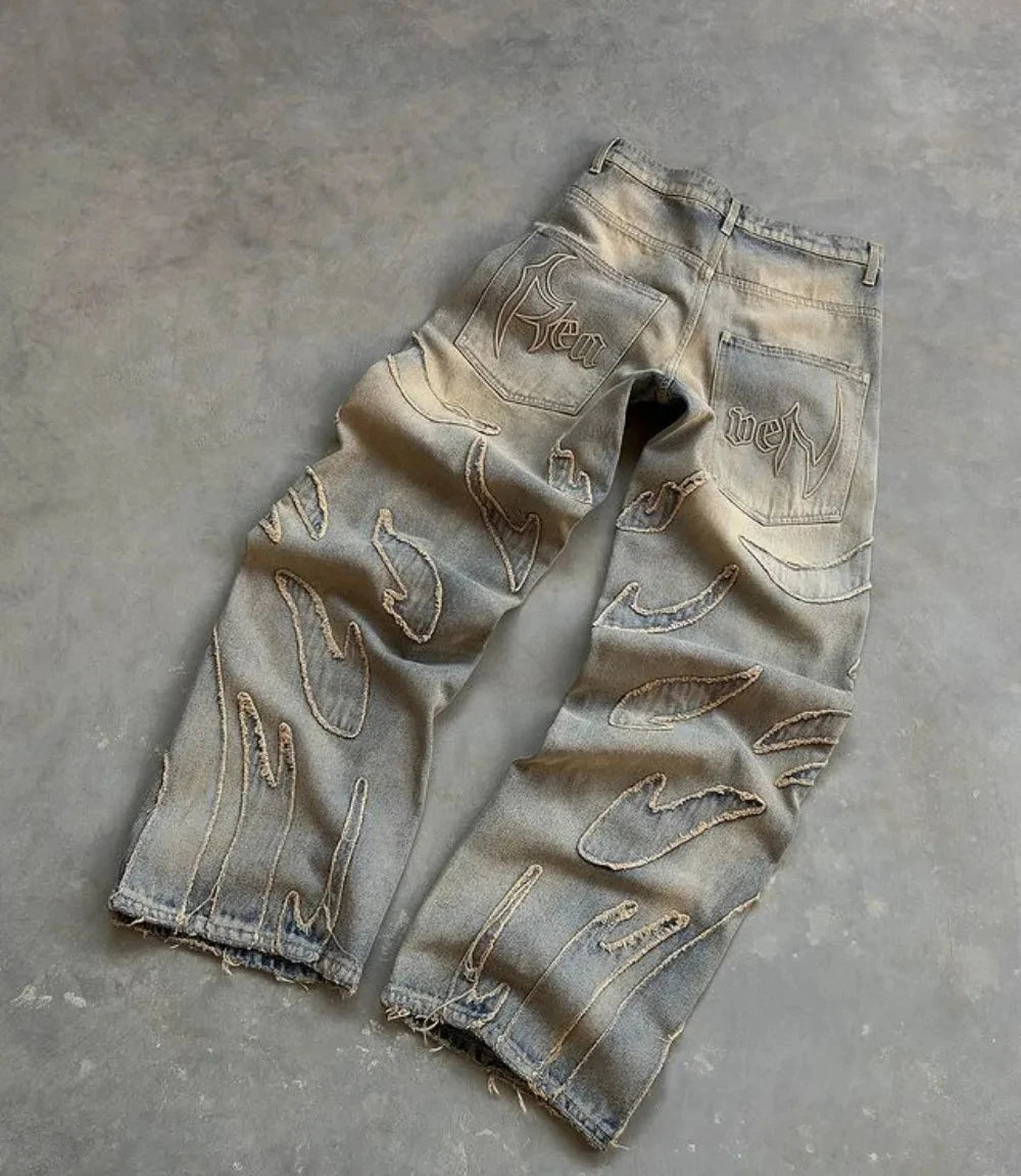 Distressed Flame Baggy Jeans